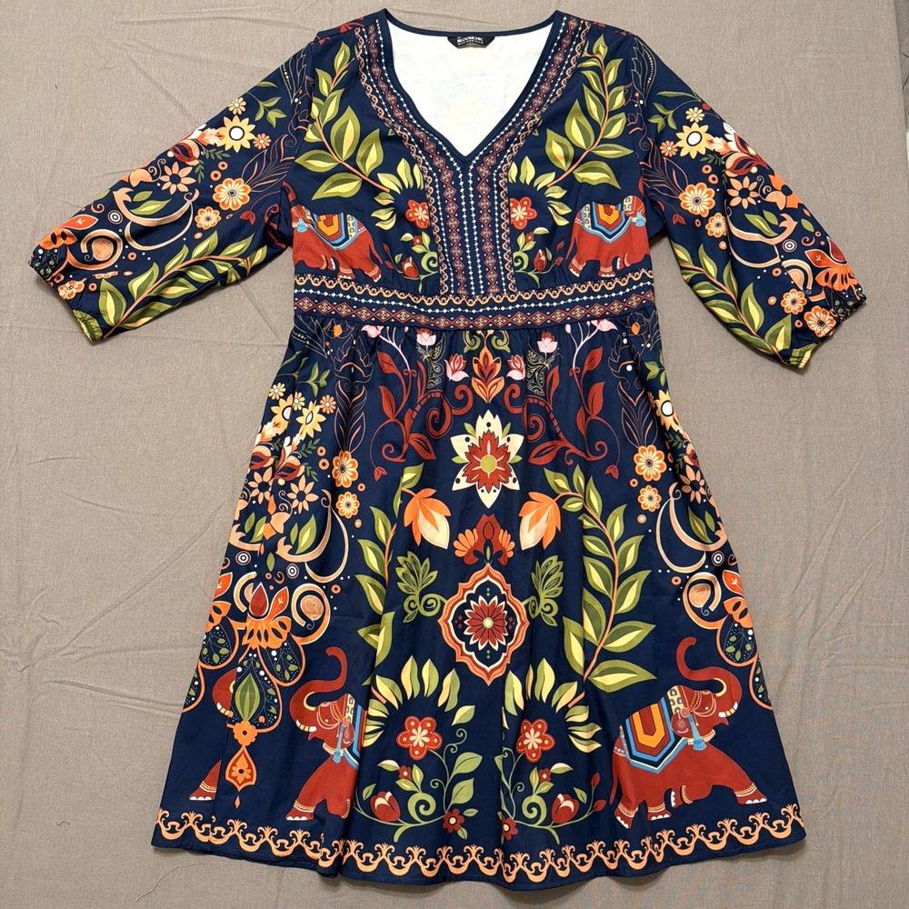 Bloomchic Dress Navy Blue Floral Elephant Print Colorful Artsy Boho Women 14/16